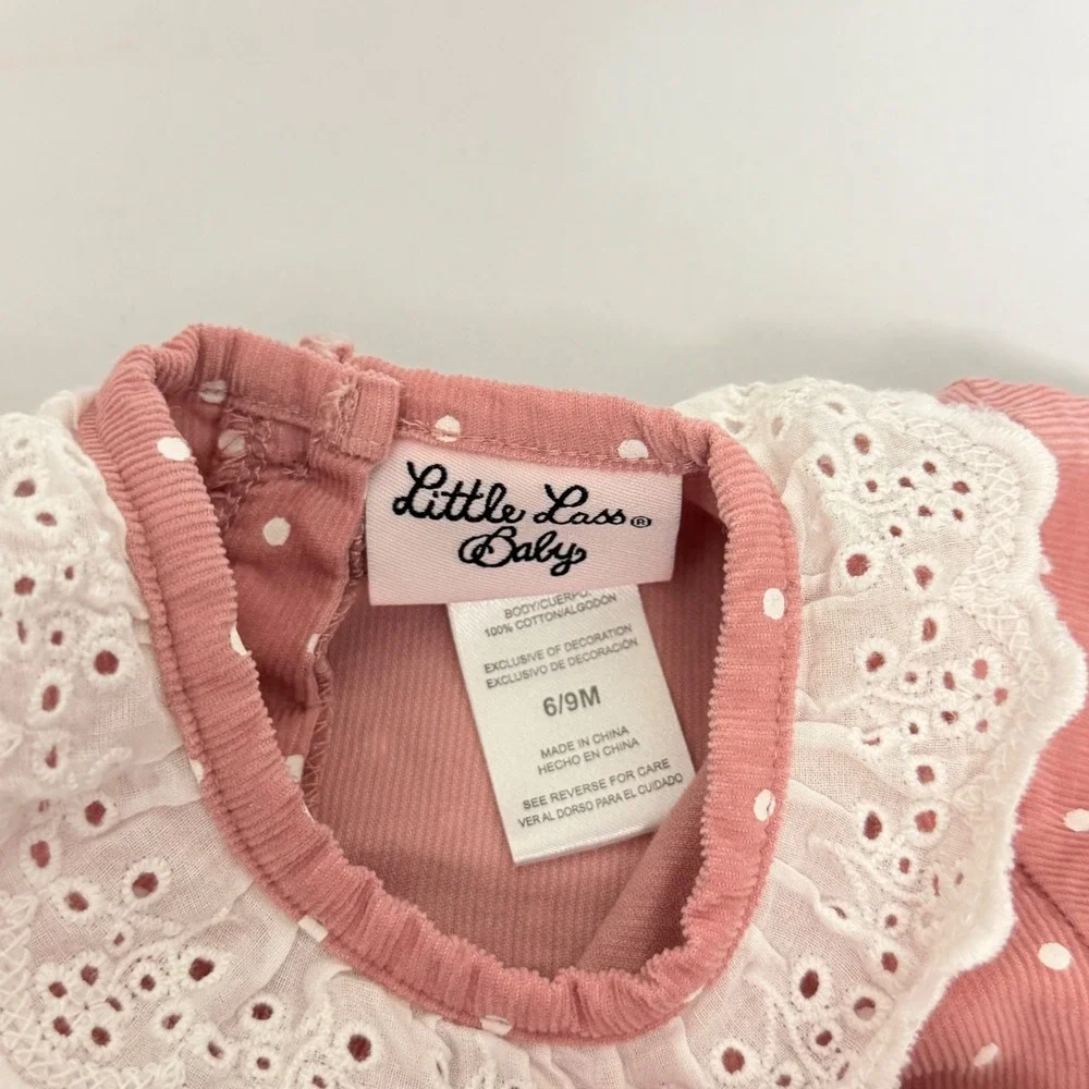 Little Lass Baby Pink Polka‎ Dot Corduroy Dress Eyelet Lace Collar Bows 6/9M